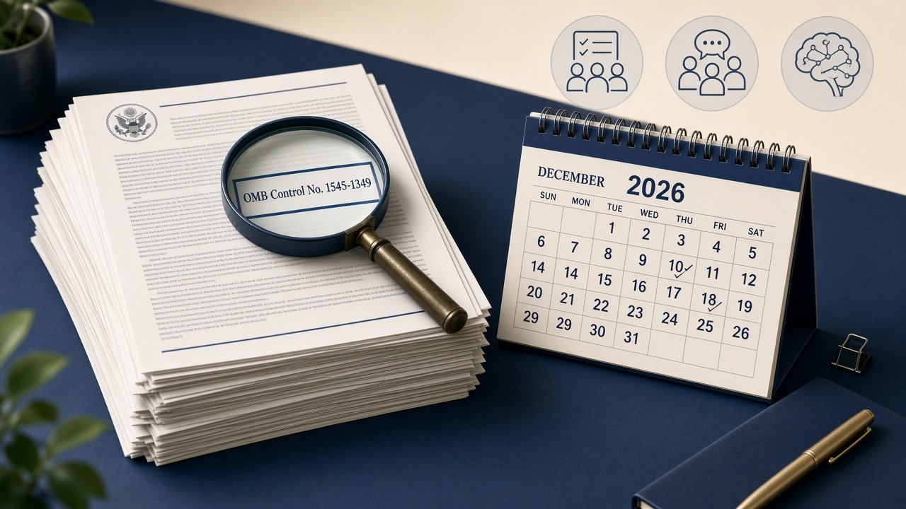Illustration of Federal Register notice pages with OMB number highlighted, calendar, and research-method icons