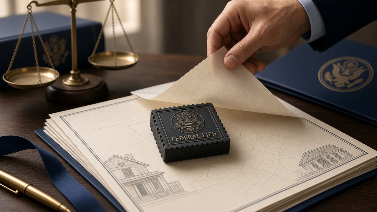 Illustration of federal tax lien documents and a property title, representing subordination and discharge processes.