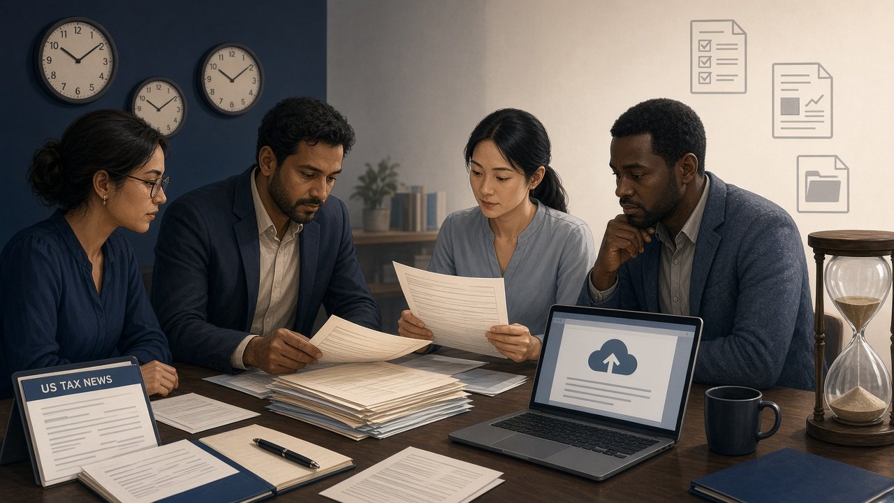 Illustration of individuals reviewing IRS acceptance agent program application documents and digital tools