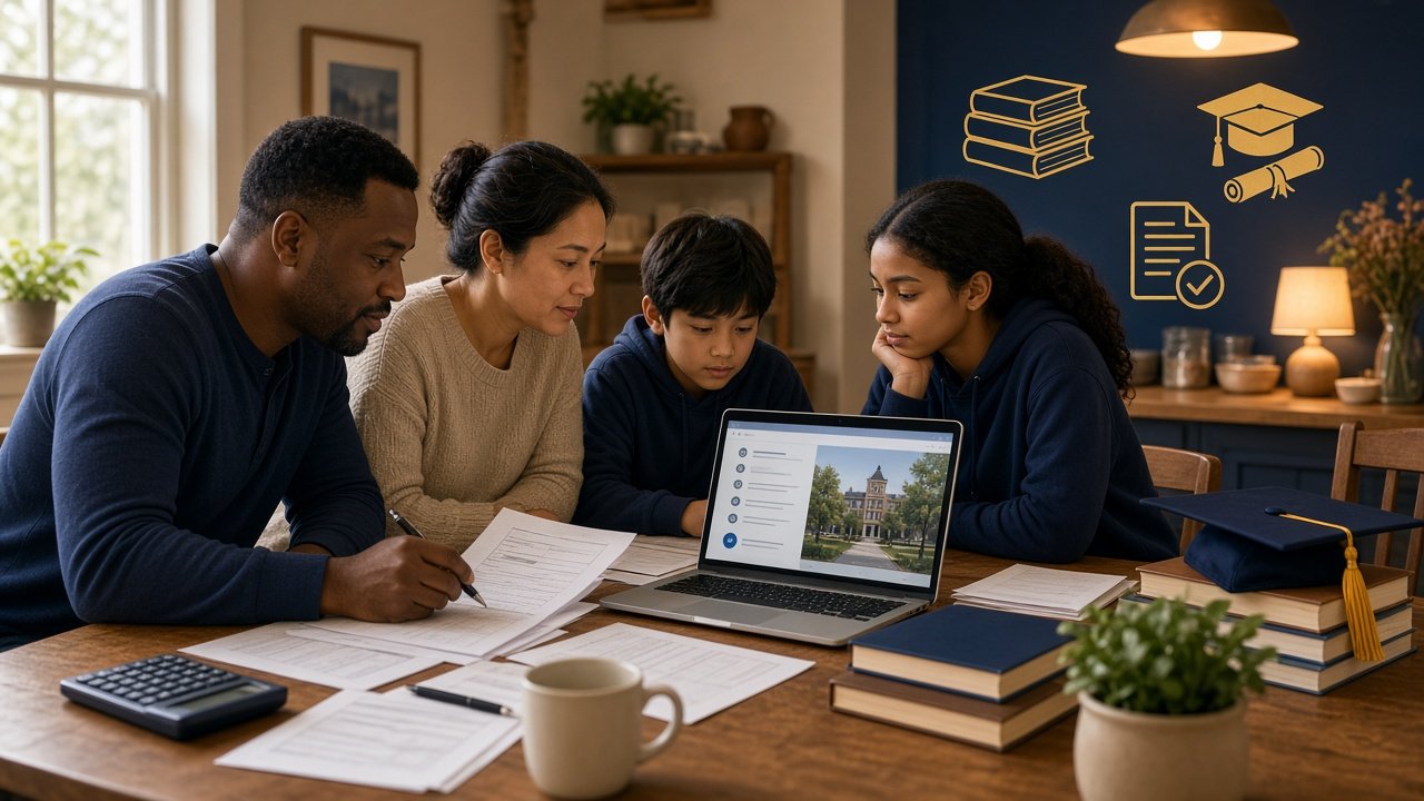 Family reviewing education scholarship and tax credit documents at home