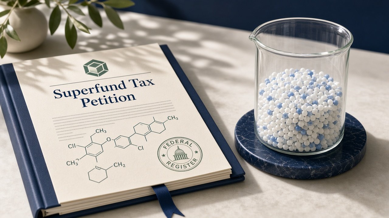 Illustration of chemical substance petition documents and polymer pellets representing the IRS Superfund tax notice for styrene isoprene block copolymer