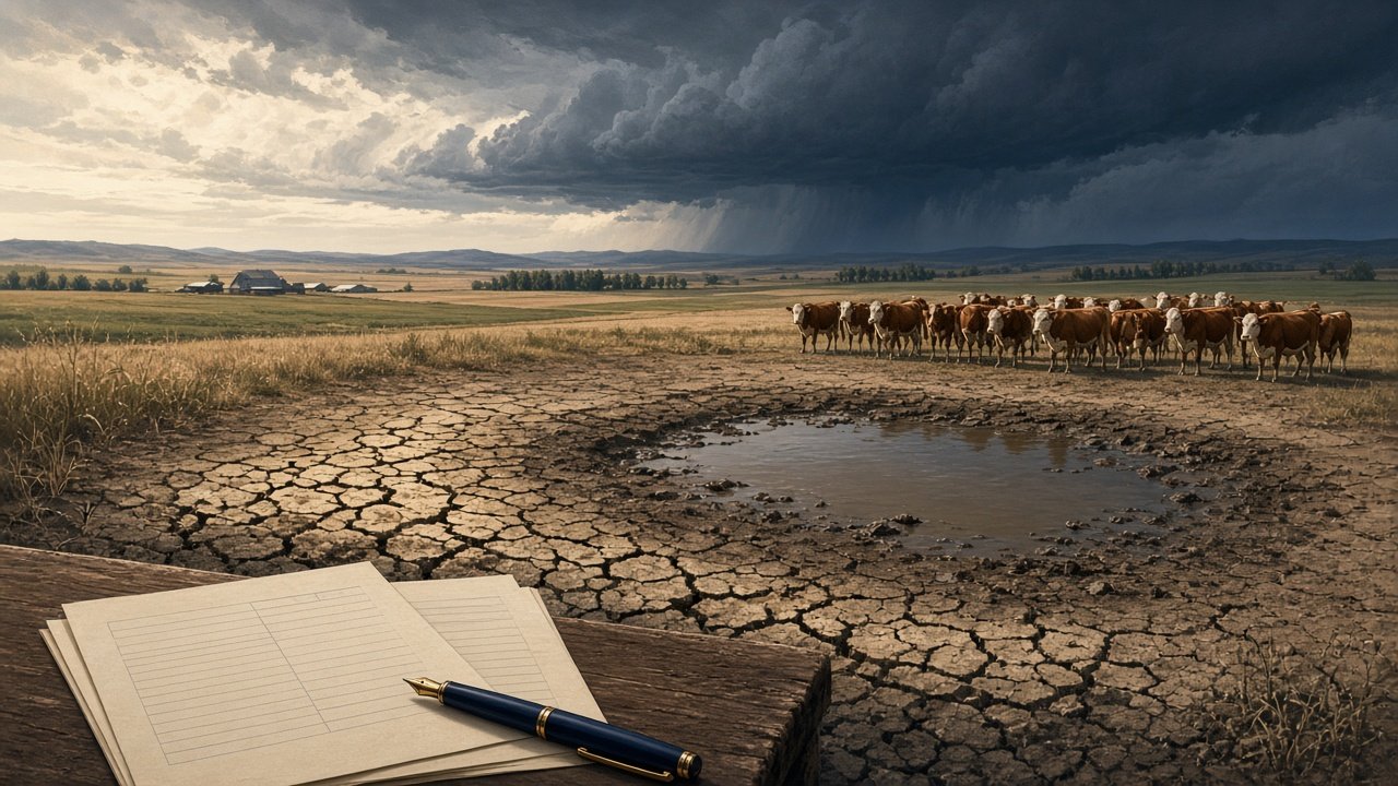 AI illustration of cattle on dry farmland under a cloudy sky.