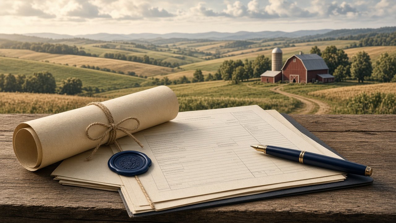 Illustration of farmland with tax and legal documents representing IRS proposed rules for installment payments on qualified farmland property sales.