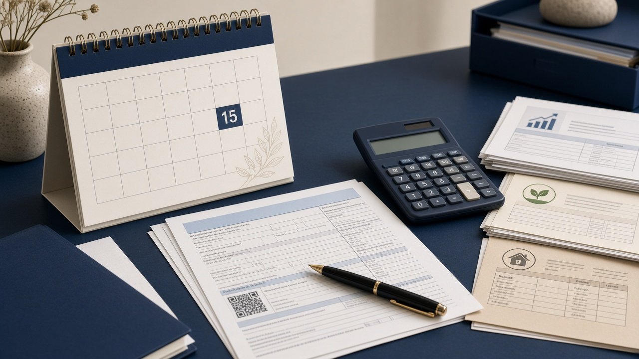 Illustration of calendar, tax forms and financial documents related to estimated tax payments