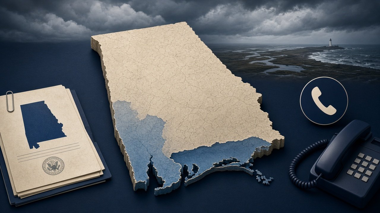 Map of Alabama highlighting areas impacted by Hurricane Isaias with icons for government relief and phone contact