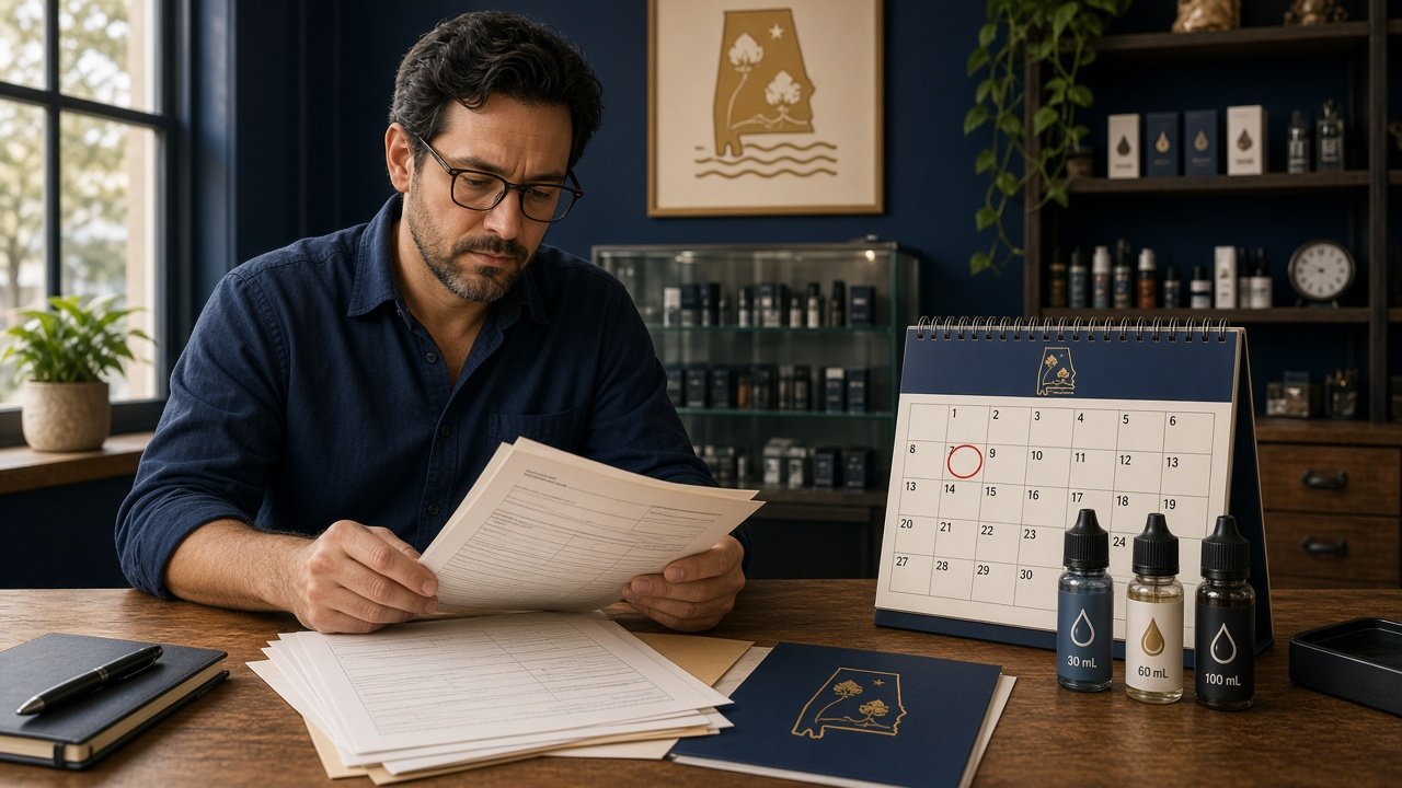 Illustration of a small business owner checking documents related to Alabama's vapor products tax