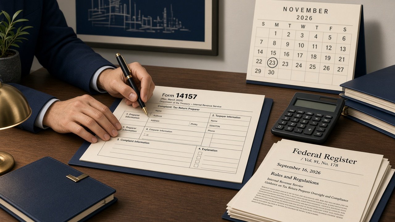 Illustration of a taxpayer completing a tax return preparer complaint form with a deadline calendar visible