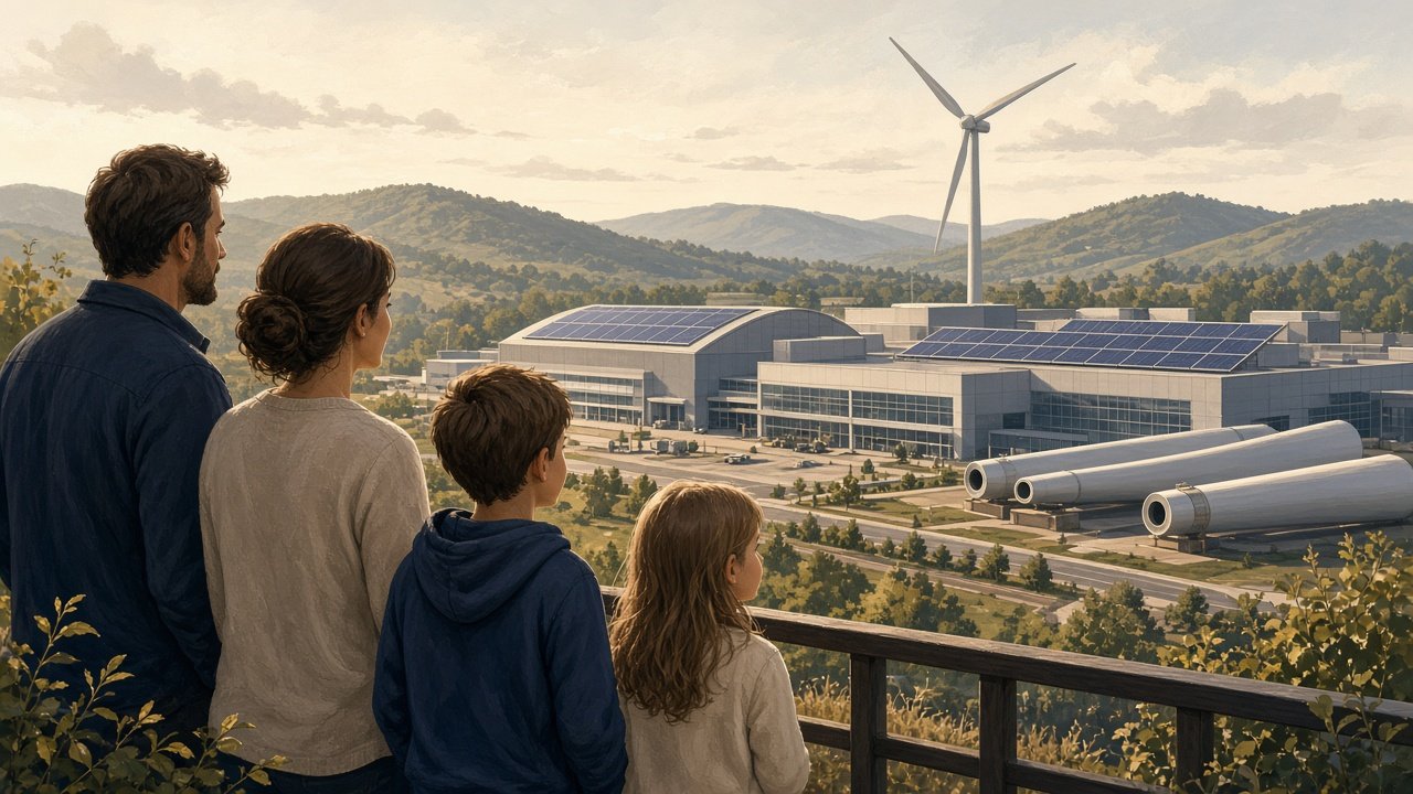 Illustration of a family viewing an advanced energy manufacturing plant