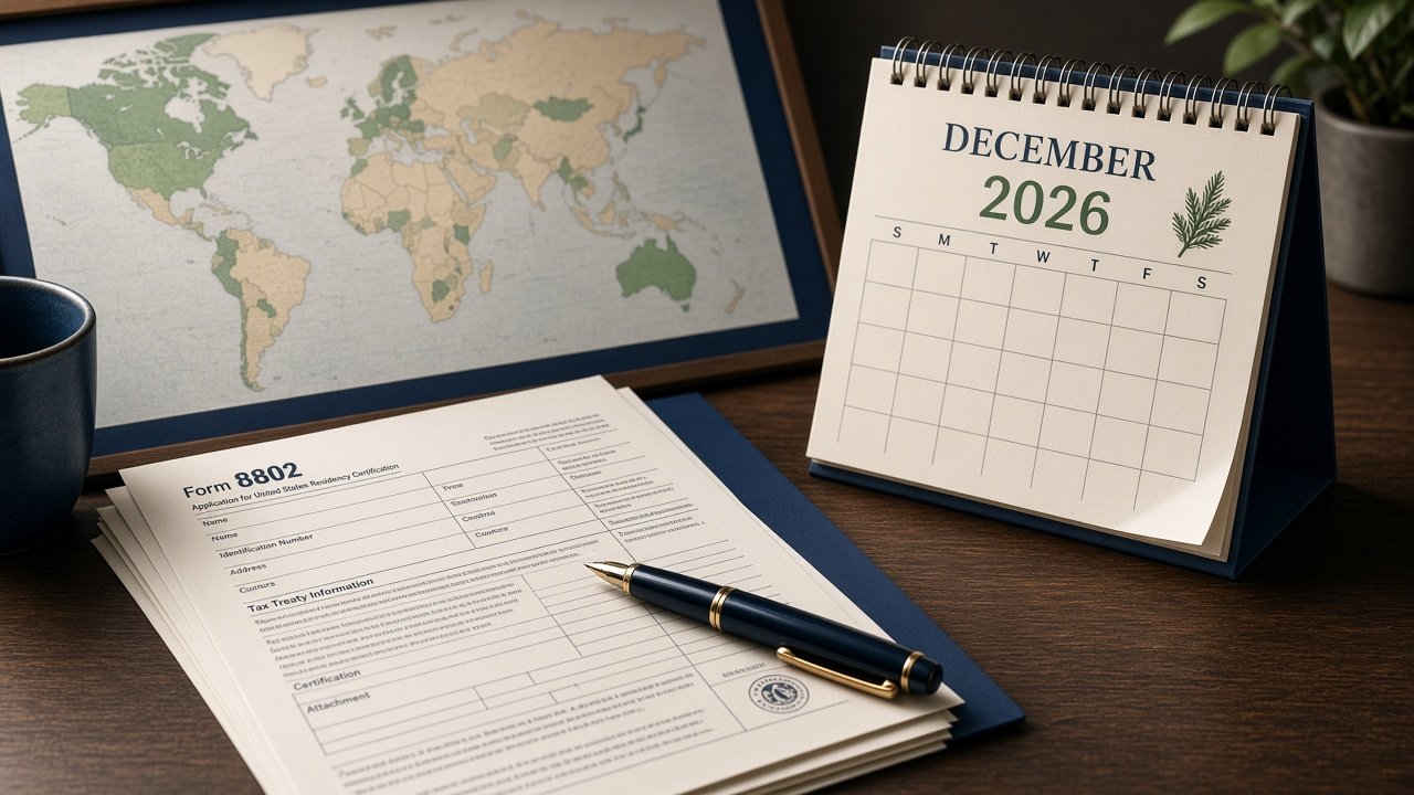 Illustration of IRS Form 8802, a pen, and a calendar showing the December 14, 2026 comment deadline