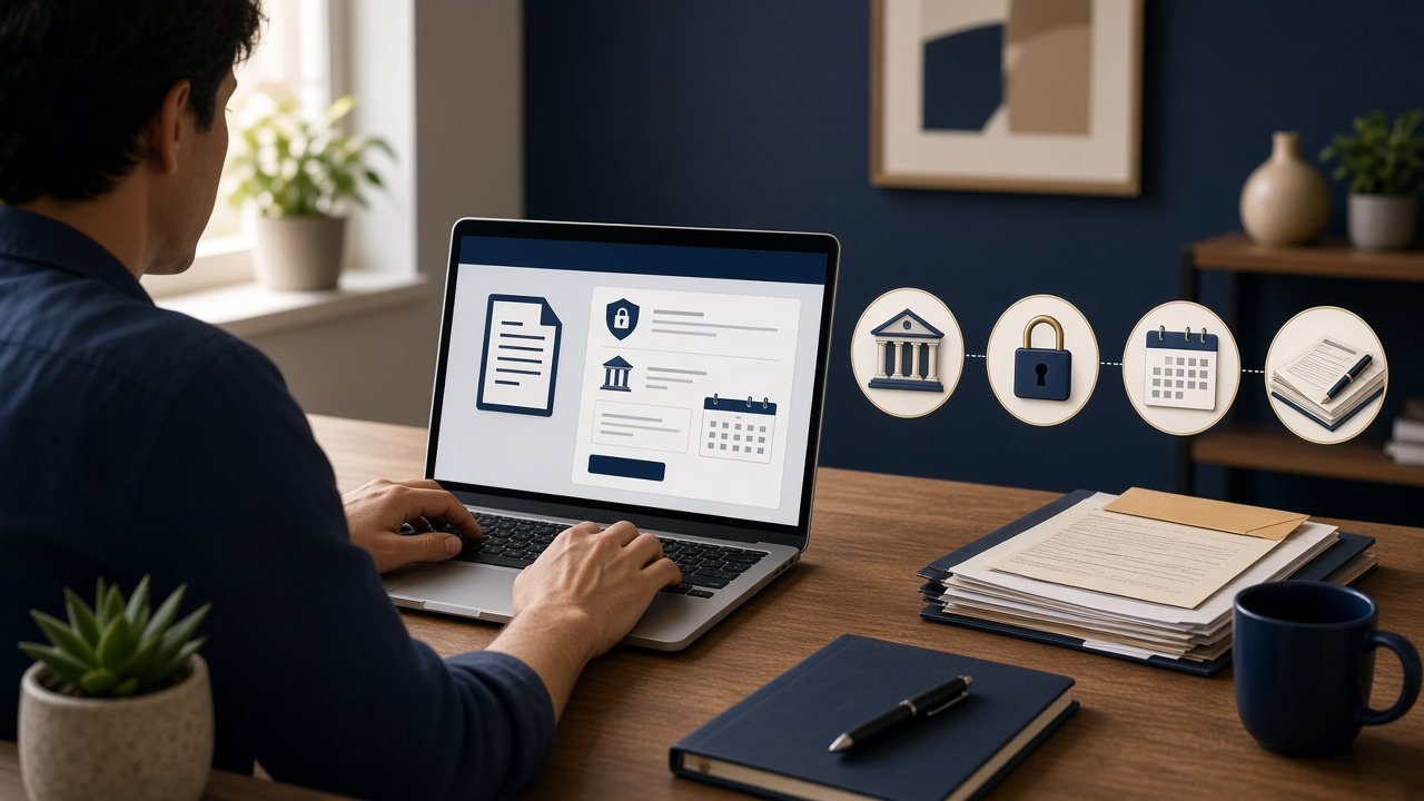 AI illustration of a workspace and online payment imagery, not an actual IRS screen.