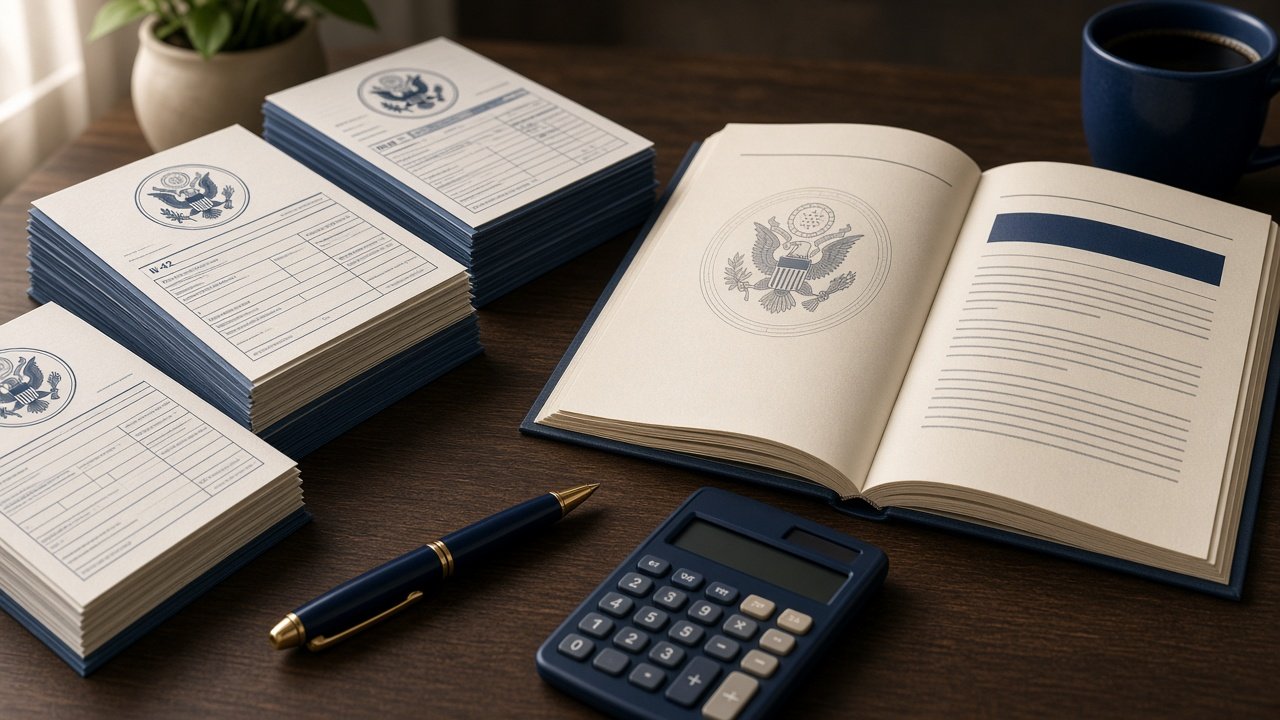 Illustration of employment tax forms and a Federal Register notice on a desk