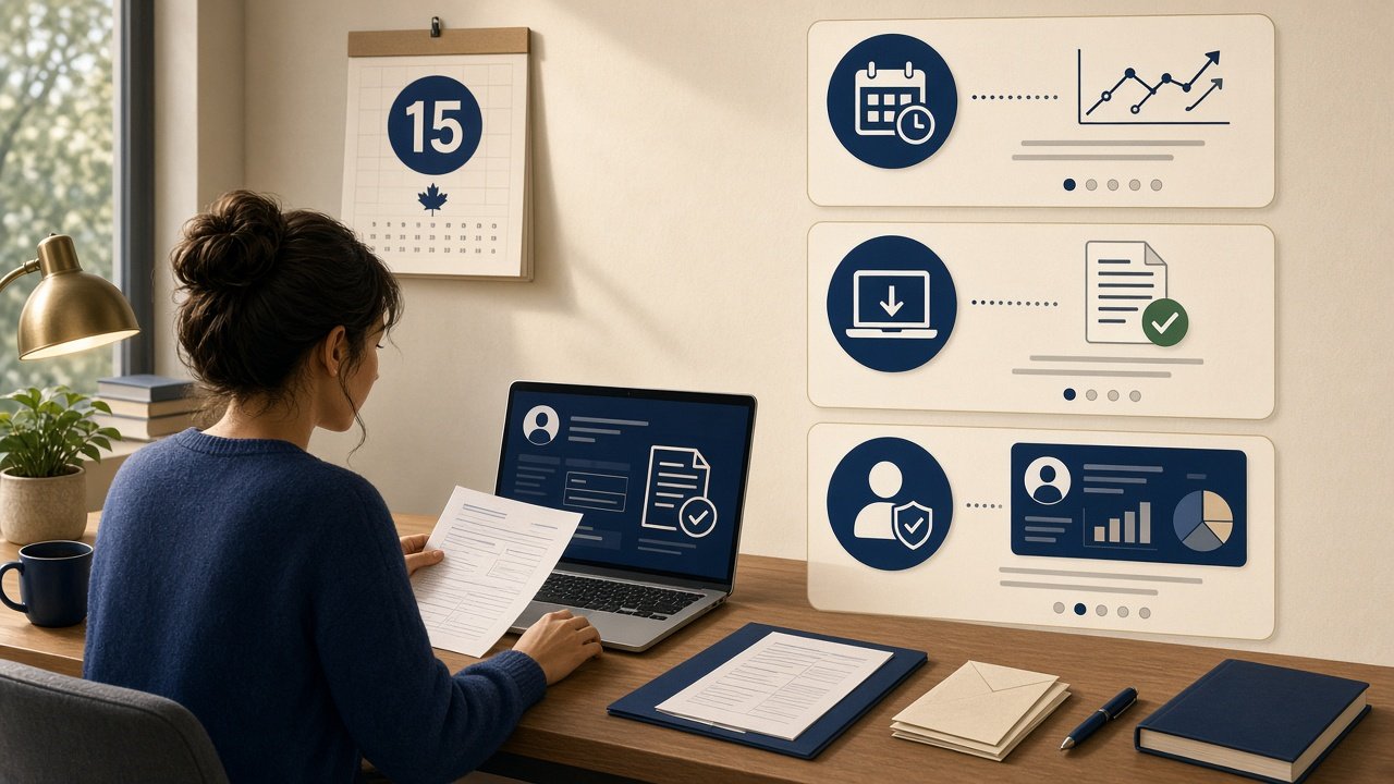 Illustration of a person preparing 2025 taxes before the October 15 extension deadline, with calendar, laptop, and IRS tools