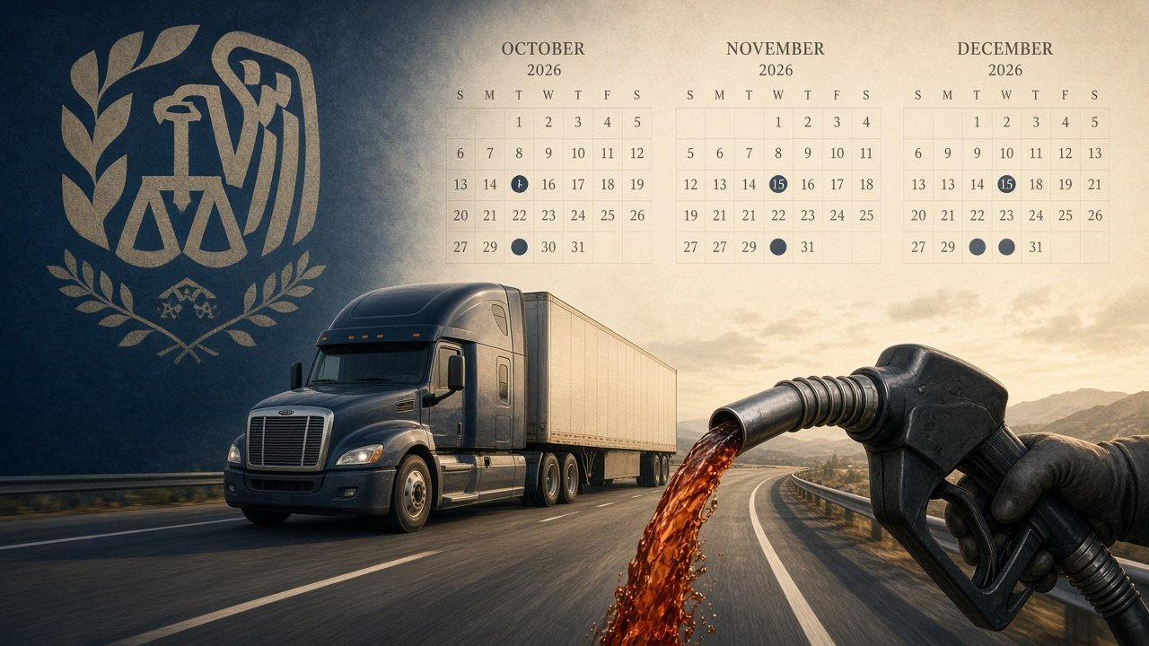 Illustration of a truck on highway with IRS-related dates and fuel icon representing temporary dyed diesel penalty relief