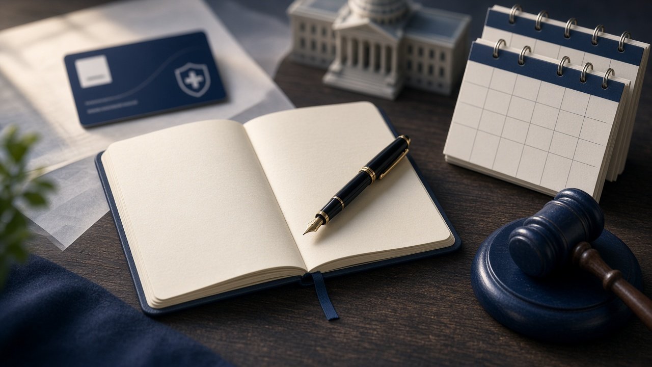 Open policy notebook with health insurance and regulatory symbols on a desk