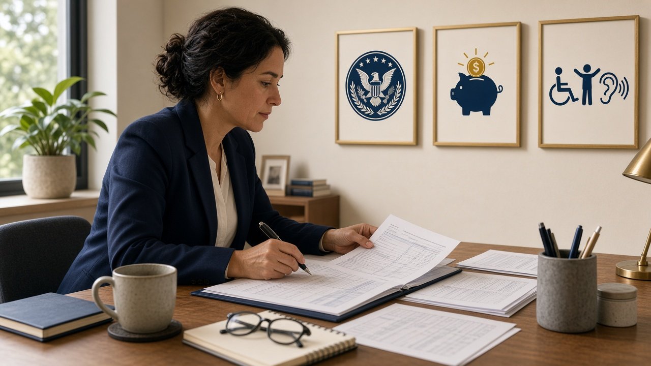 Illustration of a small business owner reviewing documents concerning ABLE program requirements