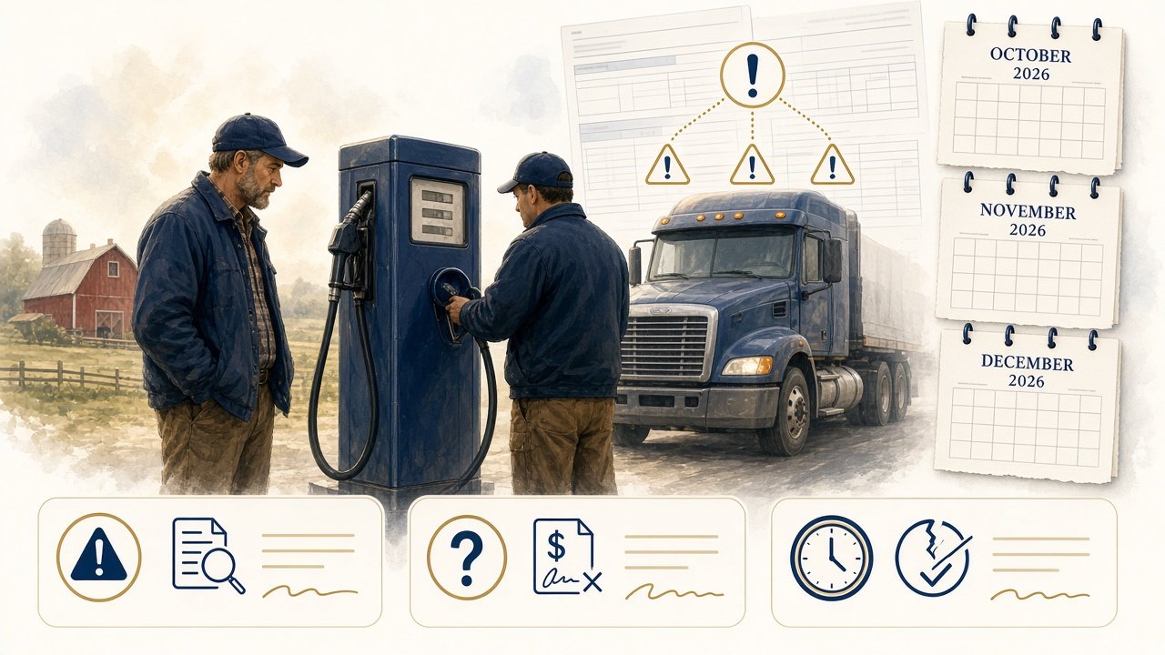 Illustration of farmer and trucker at diesel pump with tax documents and calendar highlighting October-December 2026 relief period
