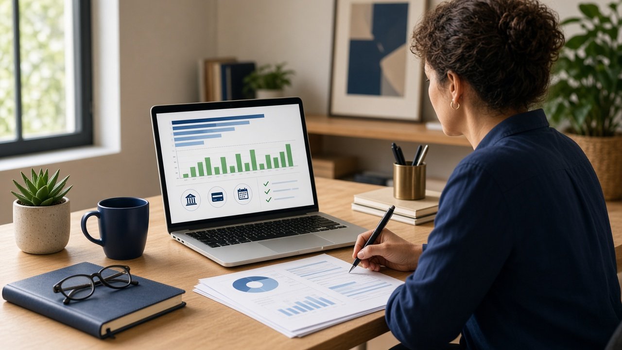 Small business owner reviewing IRS payment plan costs and options on documents and computer screen.