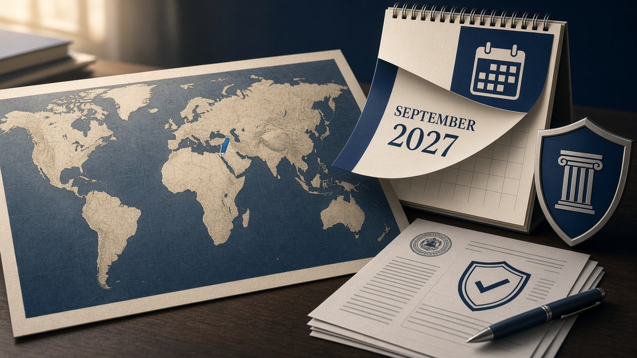 Map of Israel, West Bank and Gaza with calendar showing September 30, 2027 and IRS notice documents