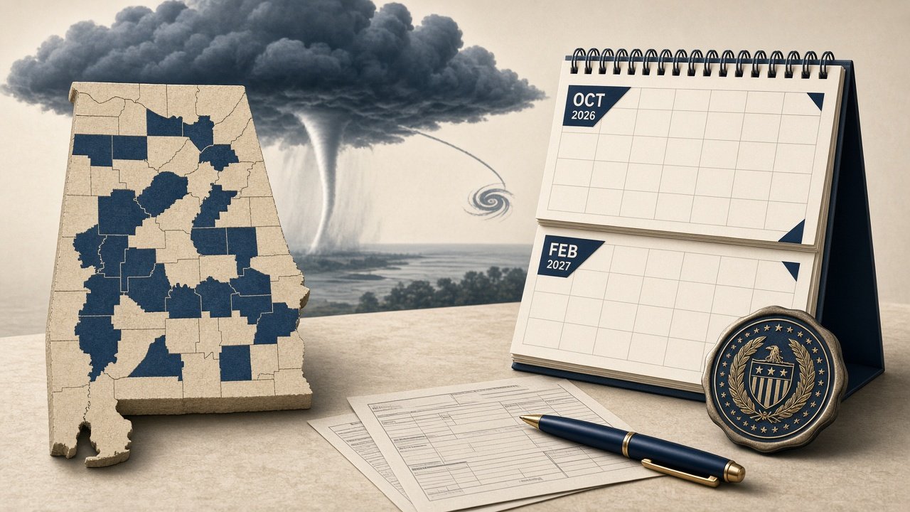 Illustrative map of Alabama highlighting counties eligible for Hurricane Isaias tax relief, with calendar showing extended February 2027 deadline