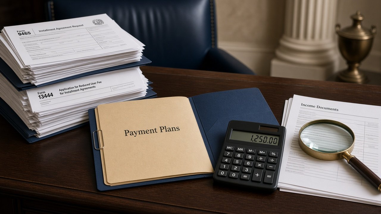Conceptual illustration of IRS forms and documents on a desk related to installment agreement fees and low-income applications.