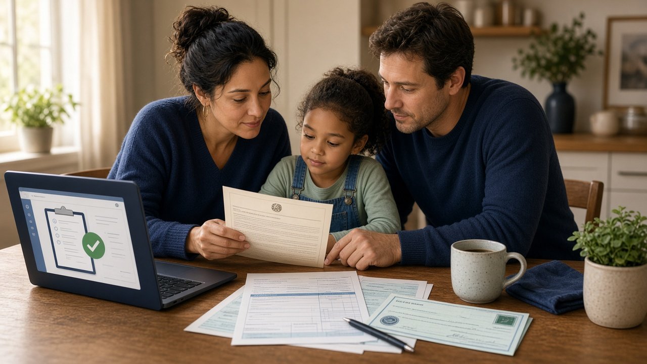 Illustration of a family examining IRS documents related to the adoption tax credit refund adjustment
