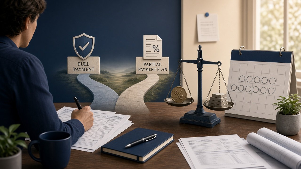 Conceptual illustration of a business owner comparing full tax payment and partial installment agreement options with financial documents and calendar