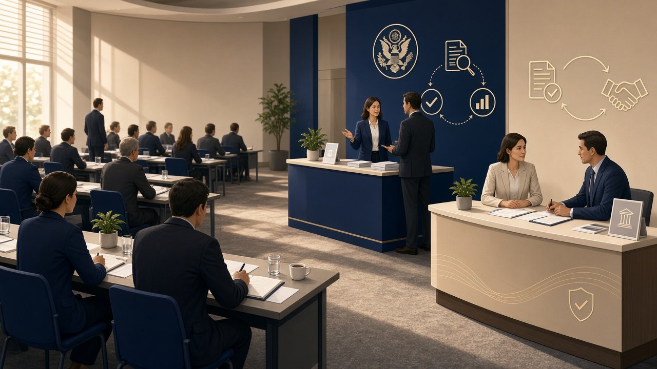 Illustration of IRS Nationwide Tax Forum conference setting with workshops, information tables and professional attendees