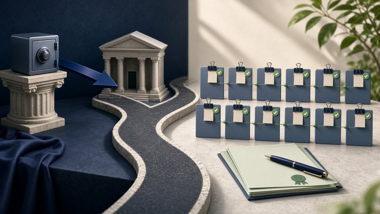 Conceptual split illustration contrasting a one-time bank payment process with a multi-month structured payment schedule.