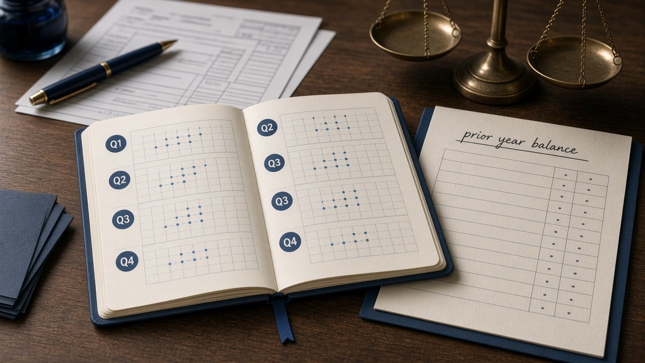 Open notebook illustrating quarterly tax payment deadlines alongside older debt records