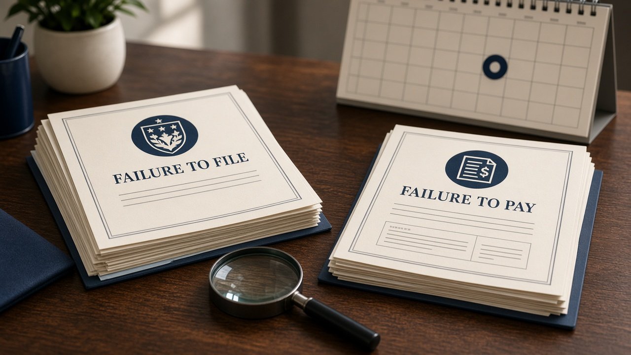 Two stacks of IRS penalty notices on a desk representing failure-to-file and failure-to-pay penalties