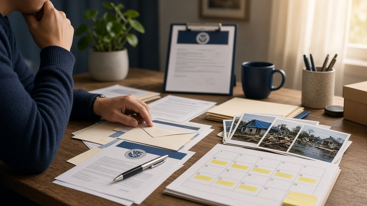 Conceptual illustration of documents and records that may support an IRS penalty relief request, including medical and correspondence papers arranged on a desk.
