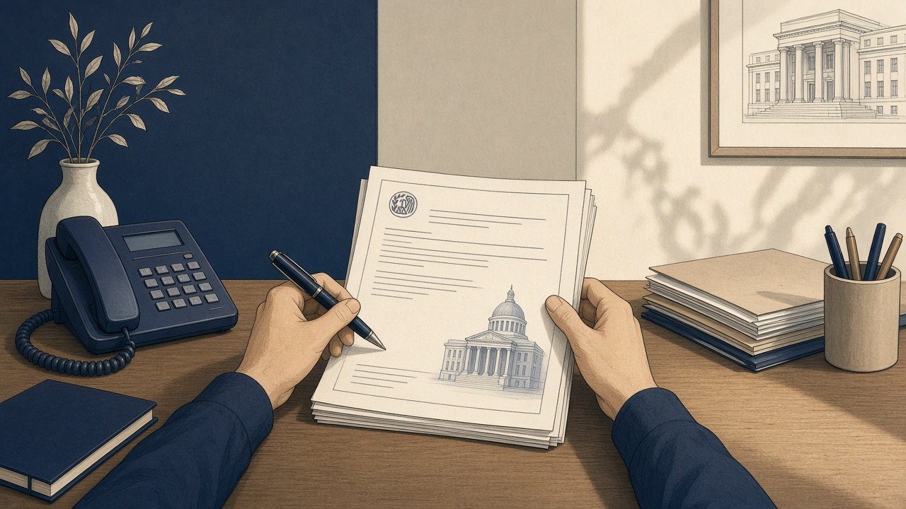 Person at desk examining IRS notice with phone nearby
