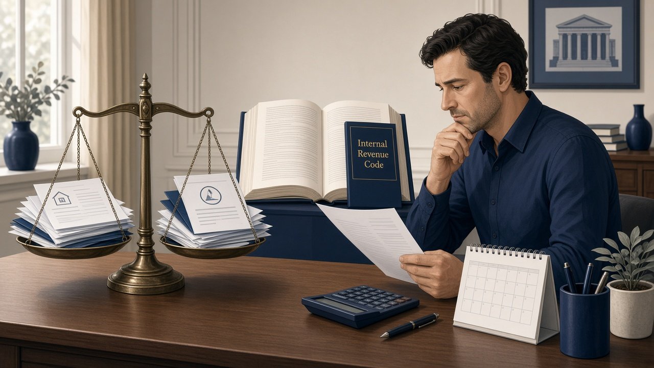 Conceptual illustration of tax penalty documents on a scale representing different IRS penalty types and reasonable cause evaluation