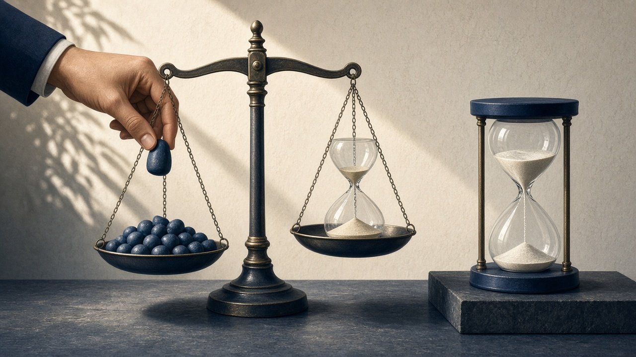 Conceptual illustration of a balance scale separating penalty interest from tax interest, with penalty side being lifted.