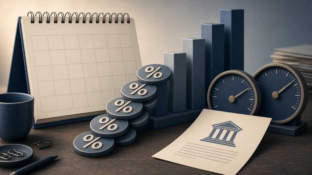 Conceptual illustration showing calendar, percentage symbols, and financial balance indicators representing ongoing tax penalties and interest