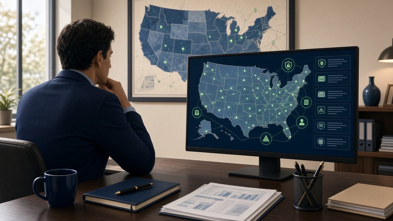 Illustration of a tax professional reviewing data security alerts with a U.S. map showing nationwide reach.