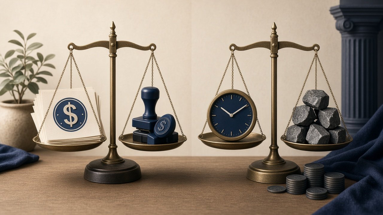 Conceptual scales comparing IRS penalty relief and limited interest relief for business taxpayers