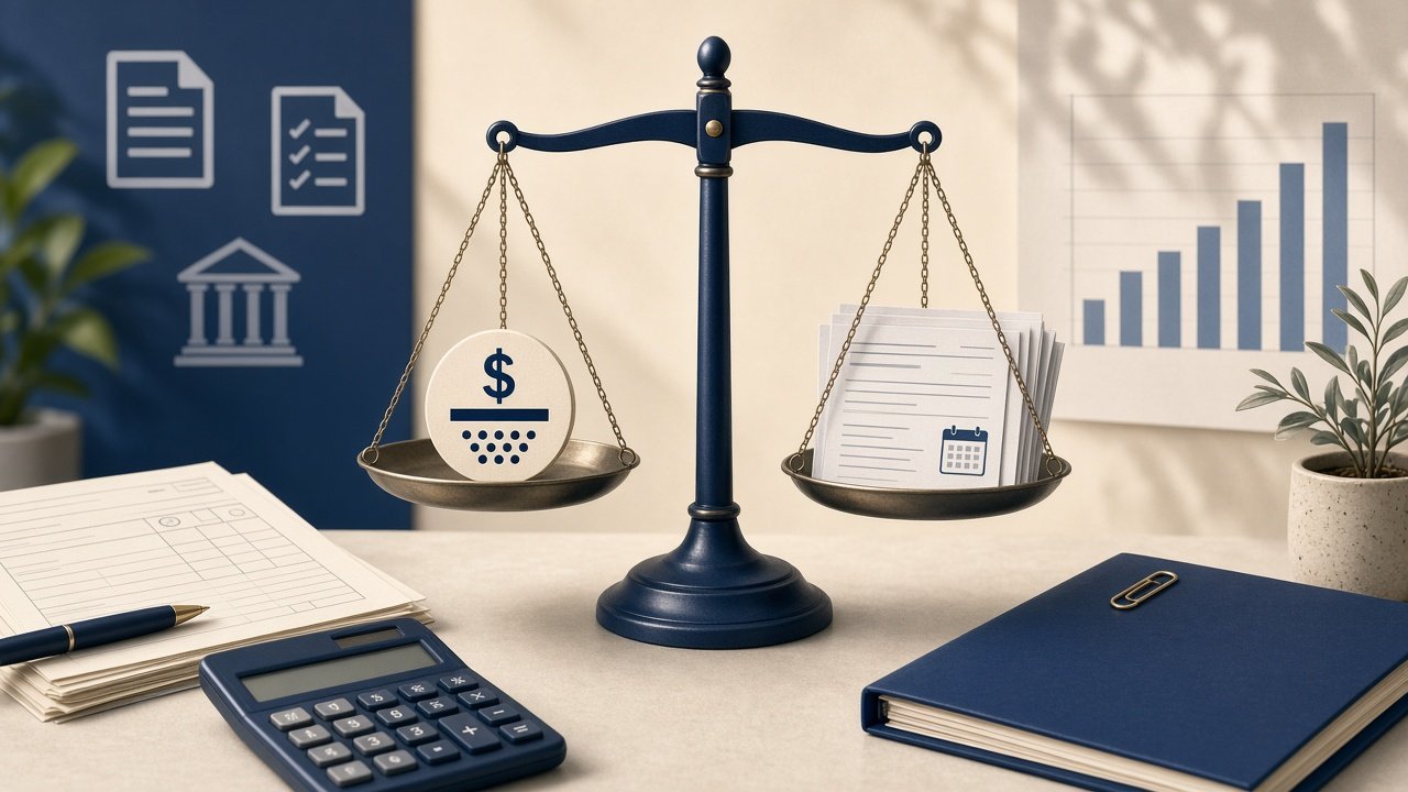 Conceptual illustration comparing Offer in Compromise and IRS payment plan options using balanced scales with payment symbols.