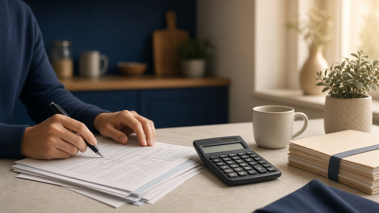 Person reviewing tax documents at a table with a calculator