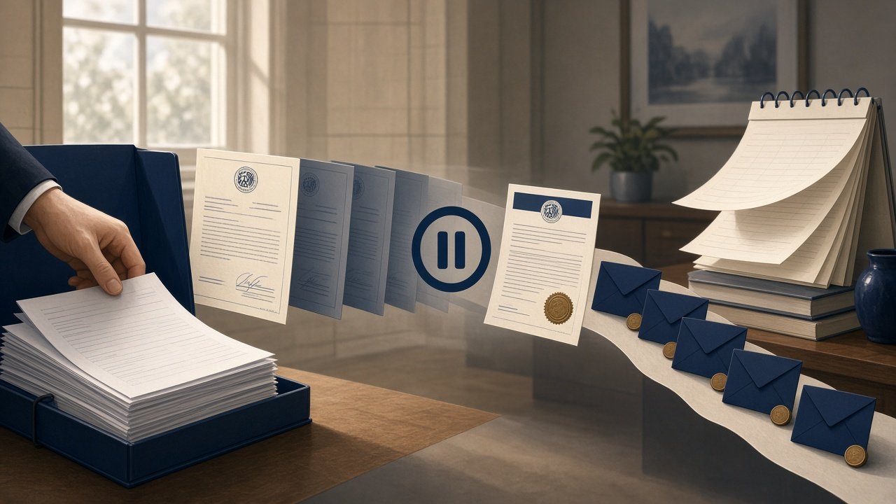 Conceptual timeline illustration of IRS Offer in Compromise review process showing collection suspension and ongoing obligations