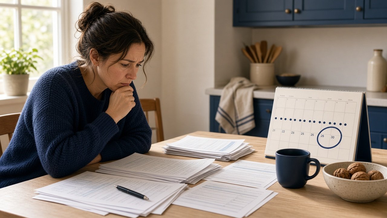 Family member organizing financial documents and appeal notes at home table